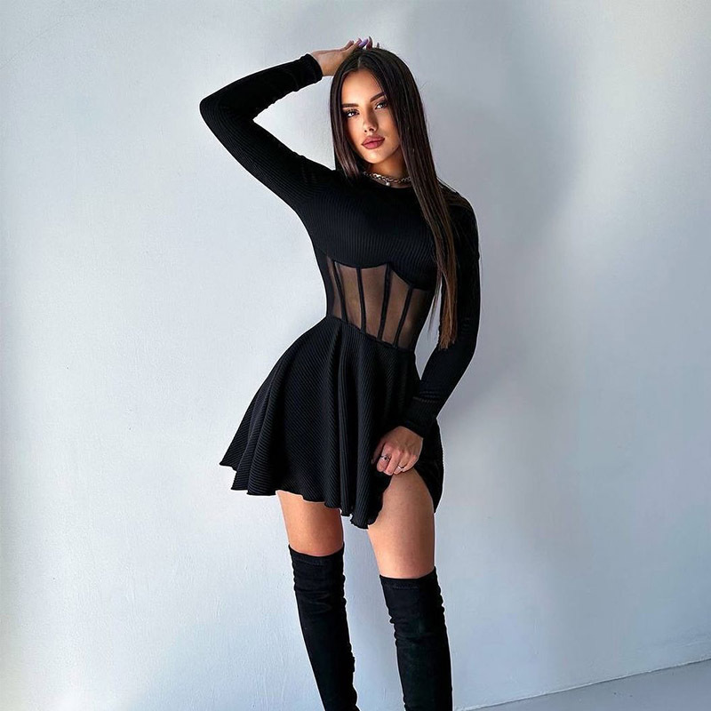 Women Half High Collar Long Sleeves h Fishbone Tight Waist Short Dress